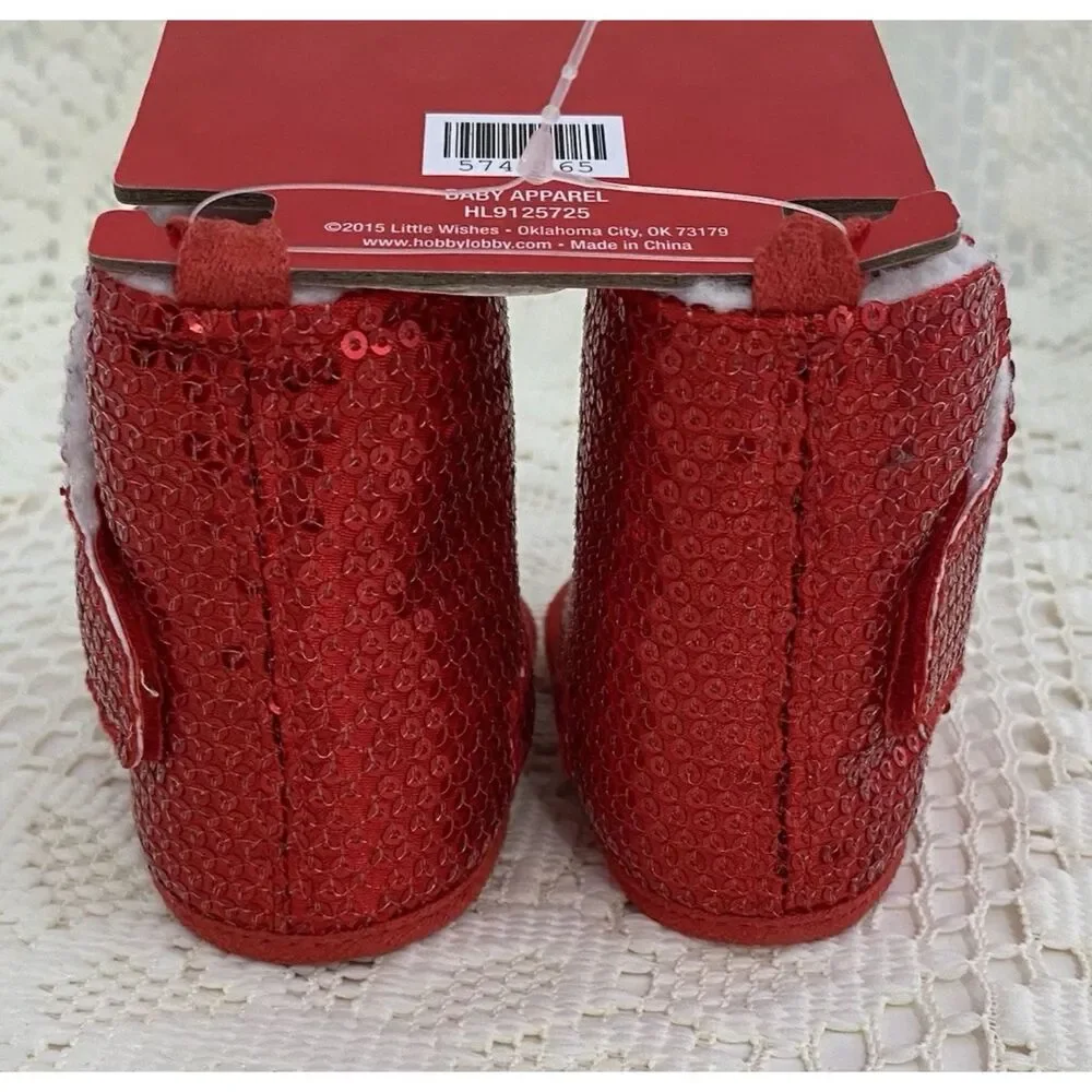 Little Wishes Baby Girl Size 3-6 months Red Boots Sparkly Christmas Holiday - Picture 4 of 12
